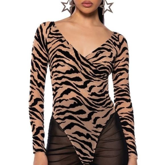 Callie Lives Tops - Xena in the Nude: Flocked & Sexy Long Sleeve Tiger Stripe Bodysuit